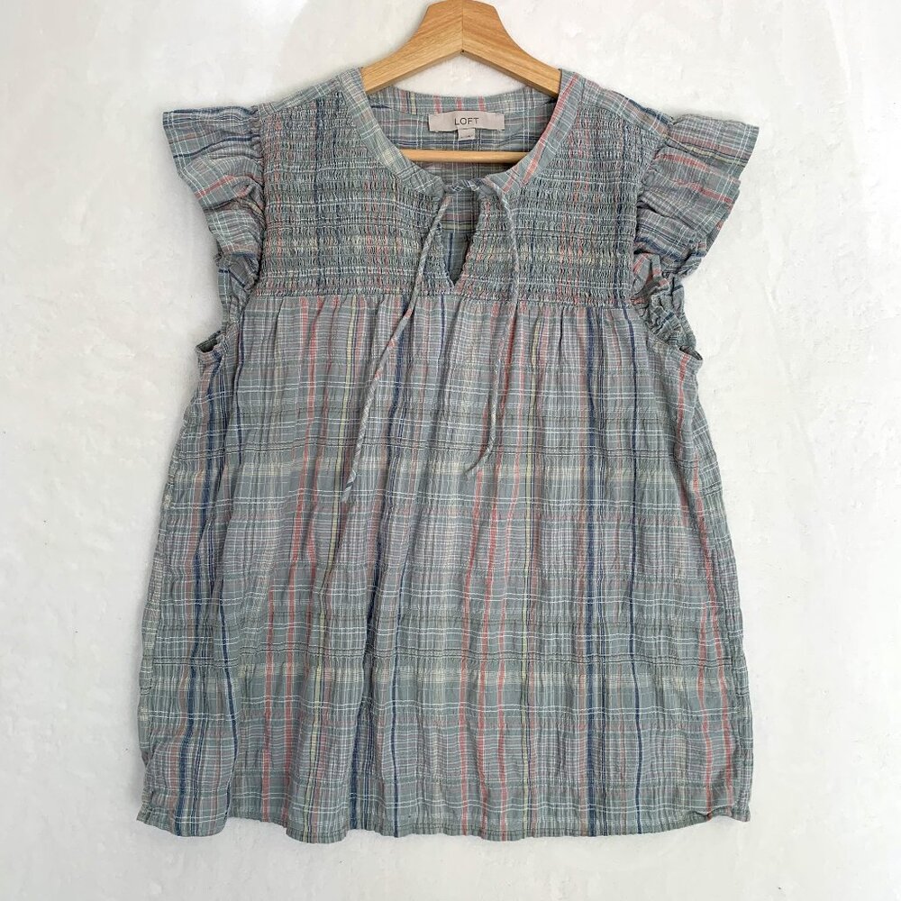 LOFT Blue Plaid Smocked Flutter Sleeve Blouse